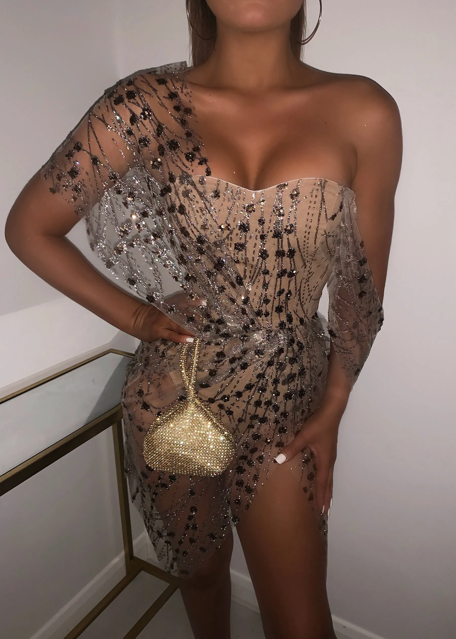 Sparkle Delight Glitter Mesh Dress - Bronze