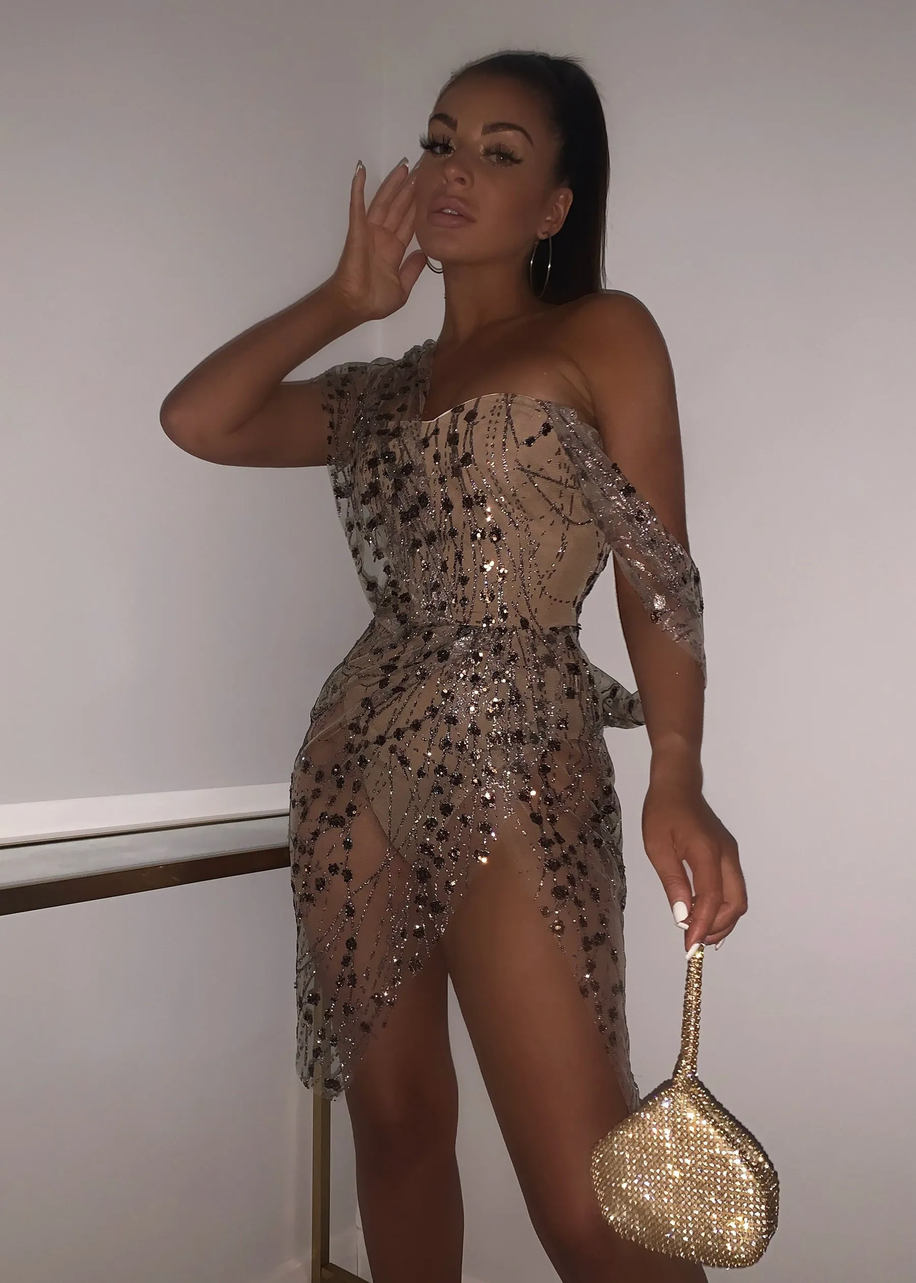 Sparkle Delight Glitter Mesh Dress - Bronze