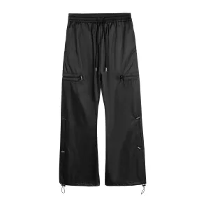 Straight leg flare pants with elastic waist and side shirring