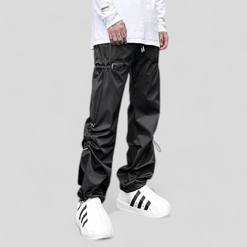 Straight leg flare pants with elastic waist and side shirring