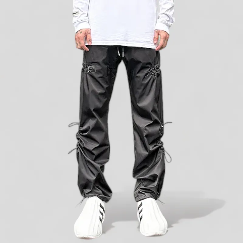 Straight leg flare pants with elastic waist and side shirring