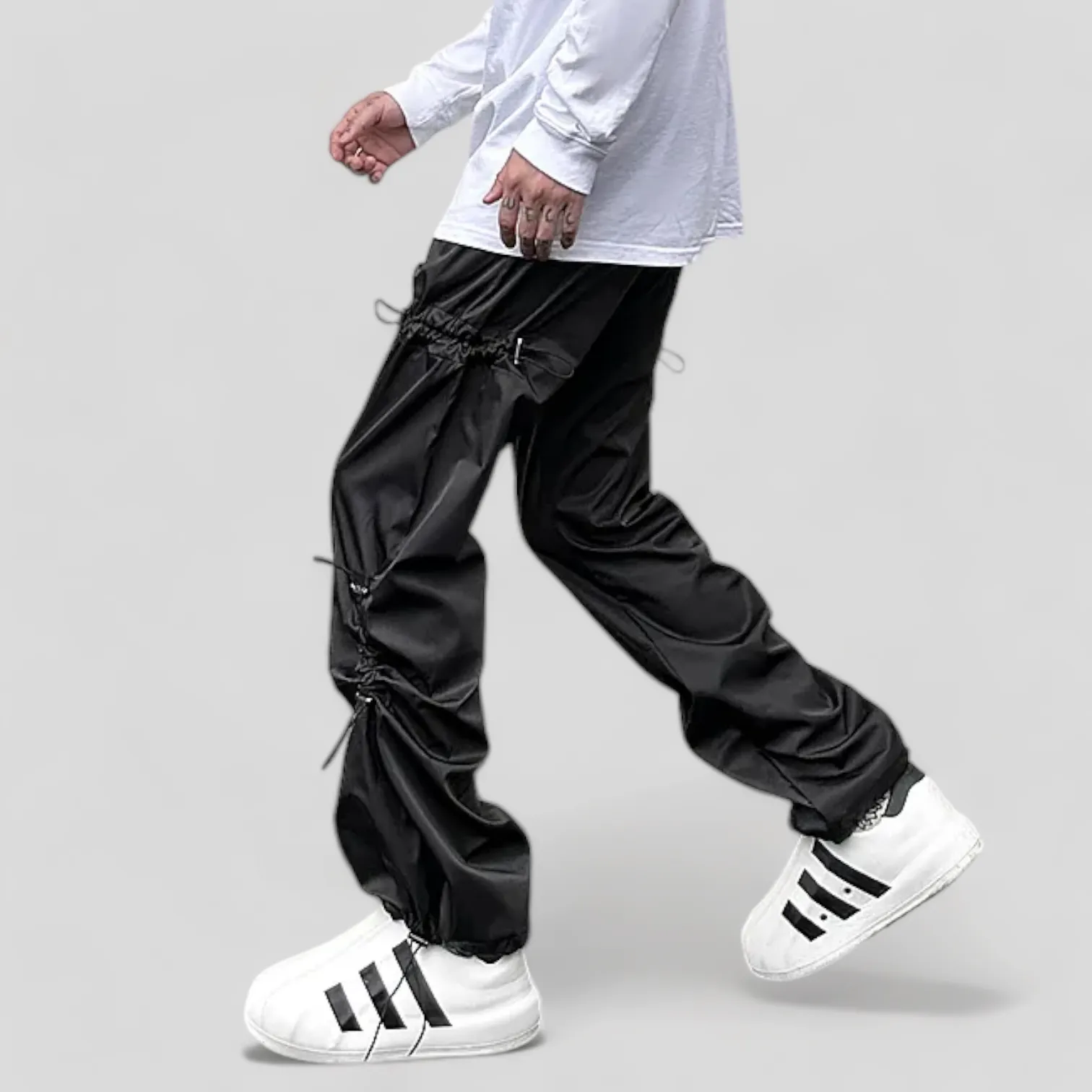 Straight leg flare pants with elastic waist and side shirring