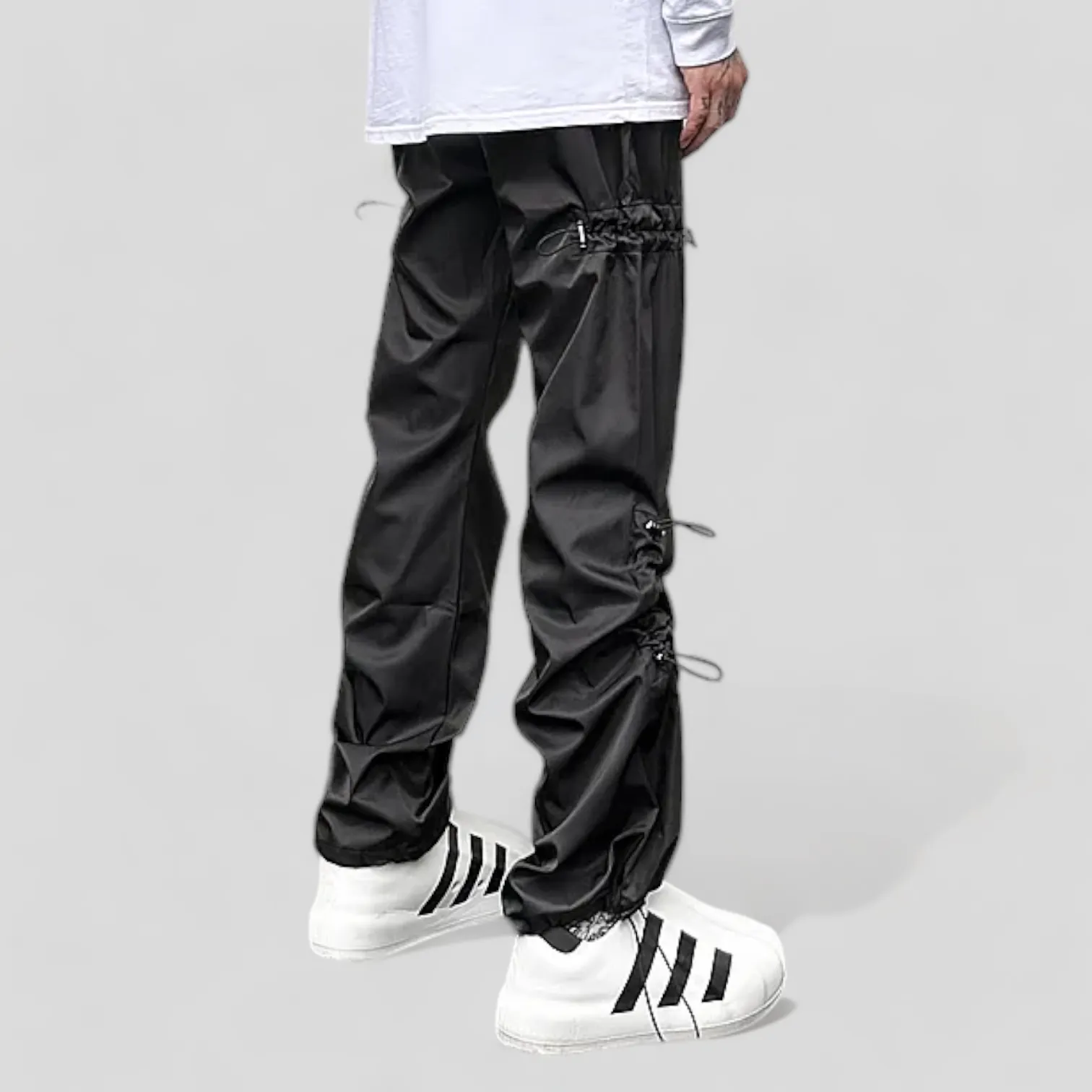 Straight leg flare pants with elastic waist and side shirring