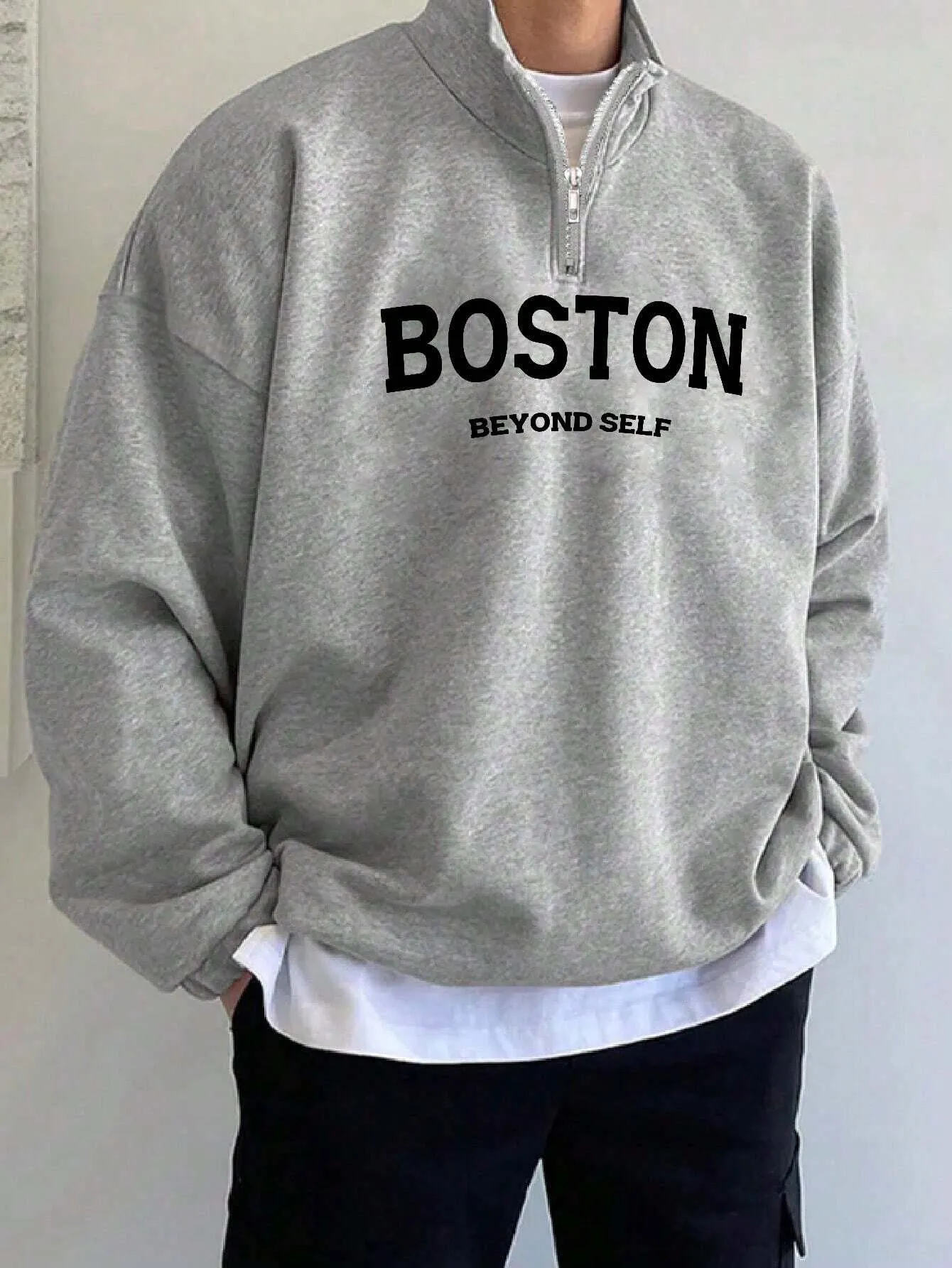 SXV STYLE Boston Printed Half Zipper Collared Sweatshirt for Men