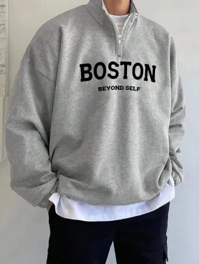 SXV STYLE Boston Printed Half Zipper Collared Sweatshirt for Men