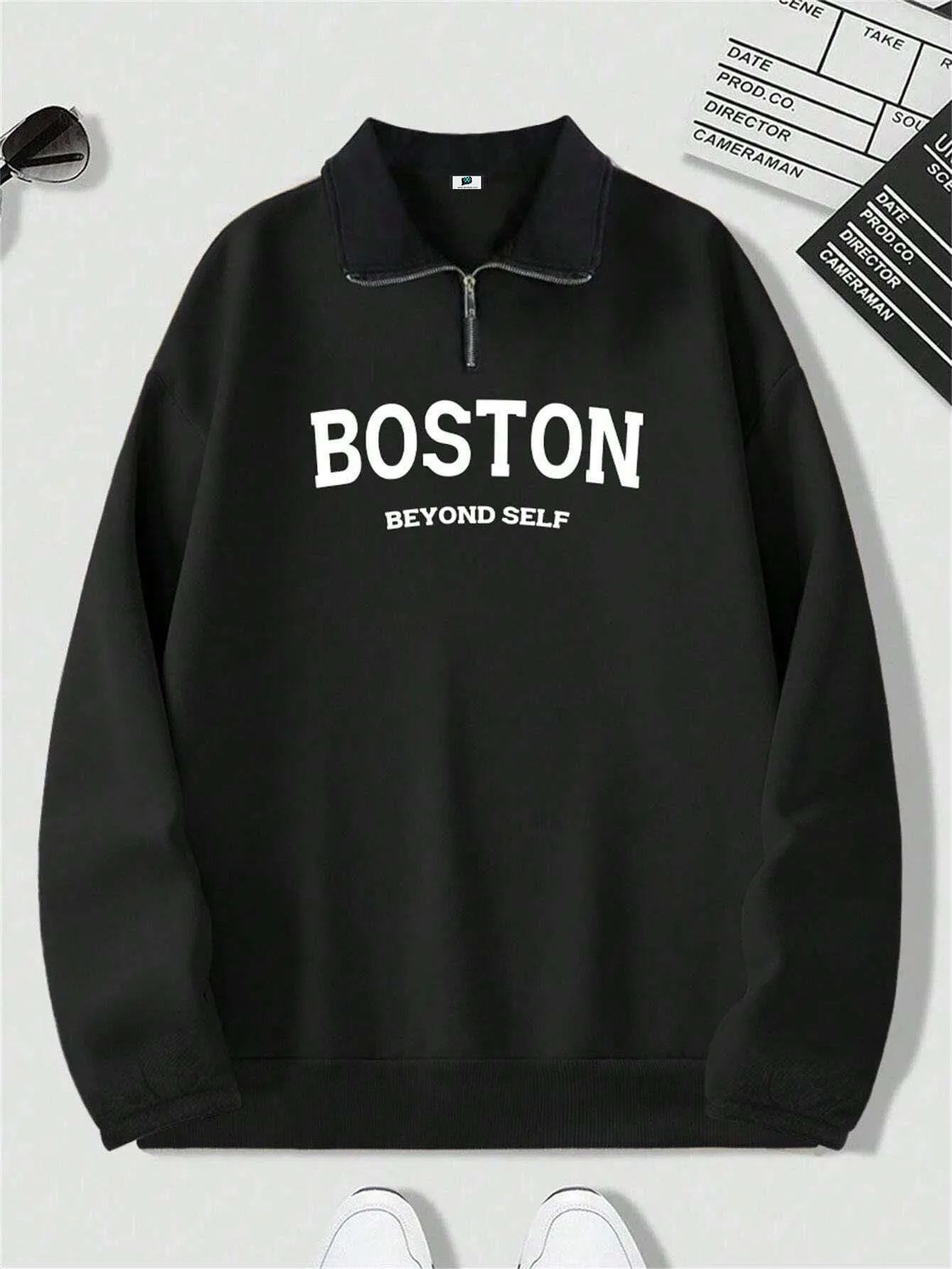 SXV STYLE Boston Printed Half Zipper Collared Sweatshirt for Men