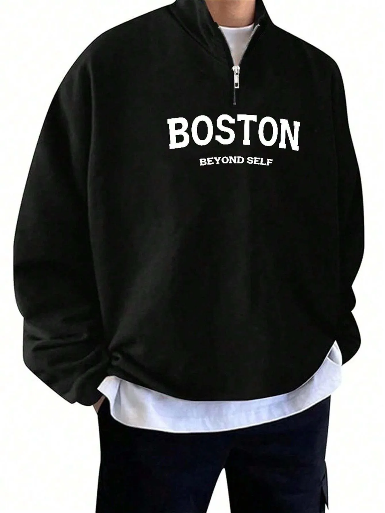 SXV STYLE Boston Printed Half Zipper Collared Sweatshirt for Men