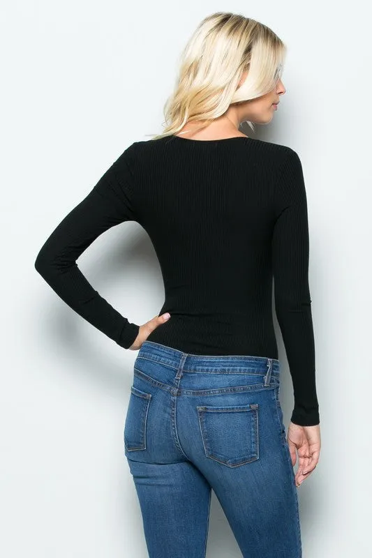 THE MYSTYLEMODE BLACK RIBBED PLUNGING V NECK LONG SLEEVE BODYSUIT