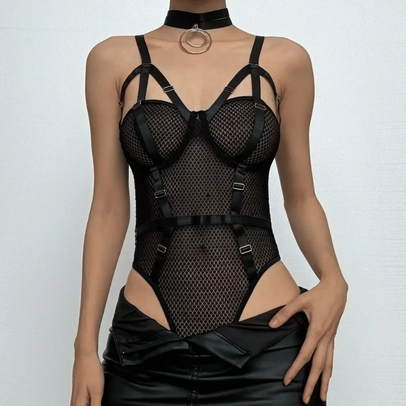 Toleet-Black Friday Christmas Thanksgiving Halter strappy o ring fishnet bodysuit with choker