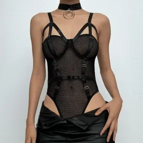 Toleet-Black Friday Christmas Thanksgiving Halter strappy o ring fishnet bodysuit with choker