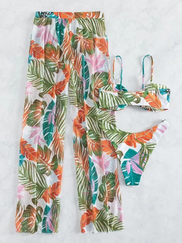 Tropical print bikini swimsuit with cover up pants Multicolor