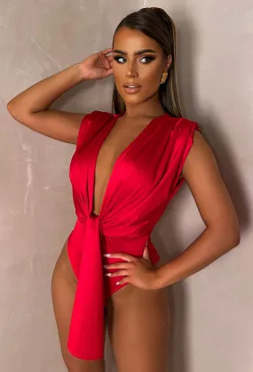 Twist of Faith Red Stretch Sleeveless Plunge Bodysuit