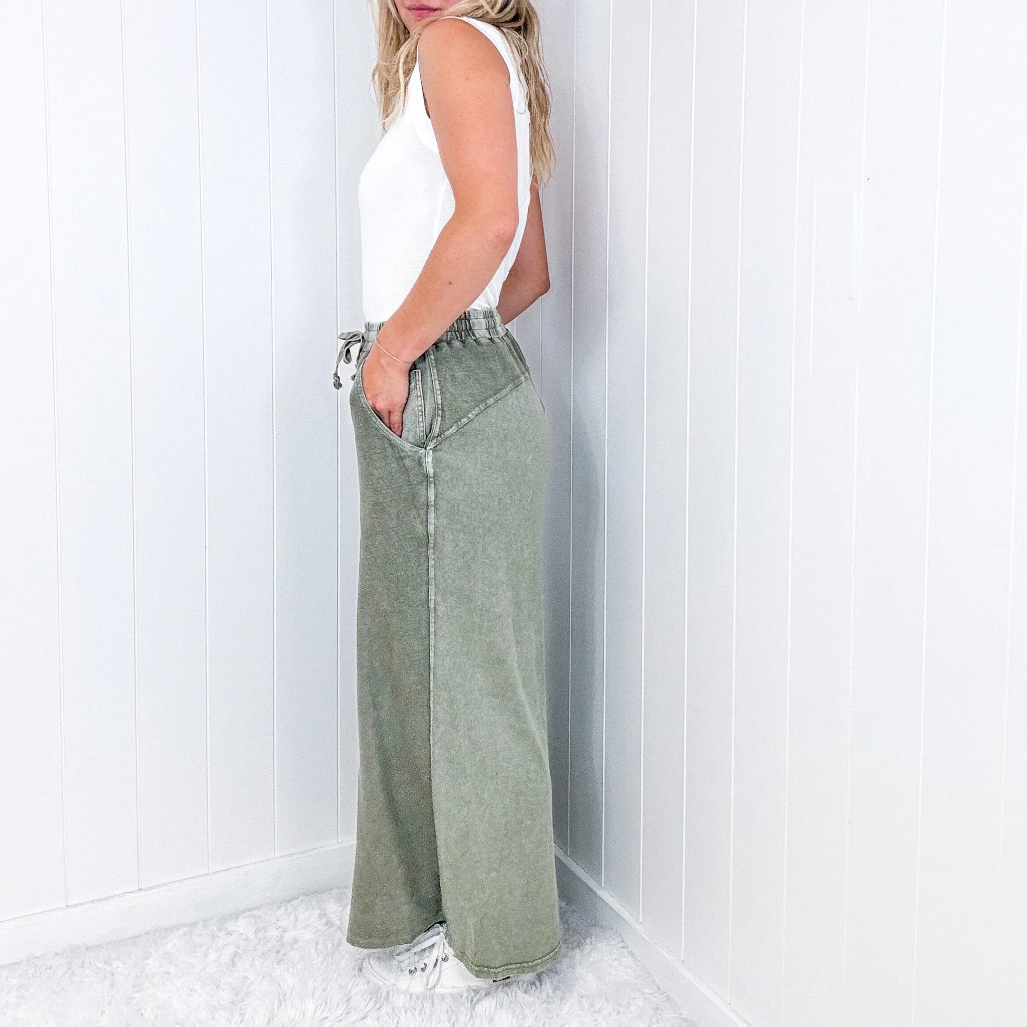 Upside Down Mineral Washed and Terry Pull On Palazzo Pants in 2 Colors