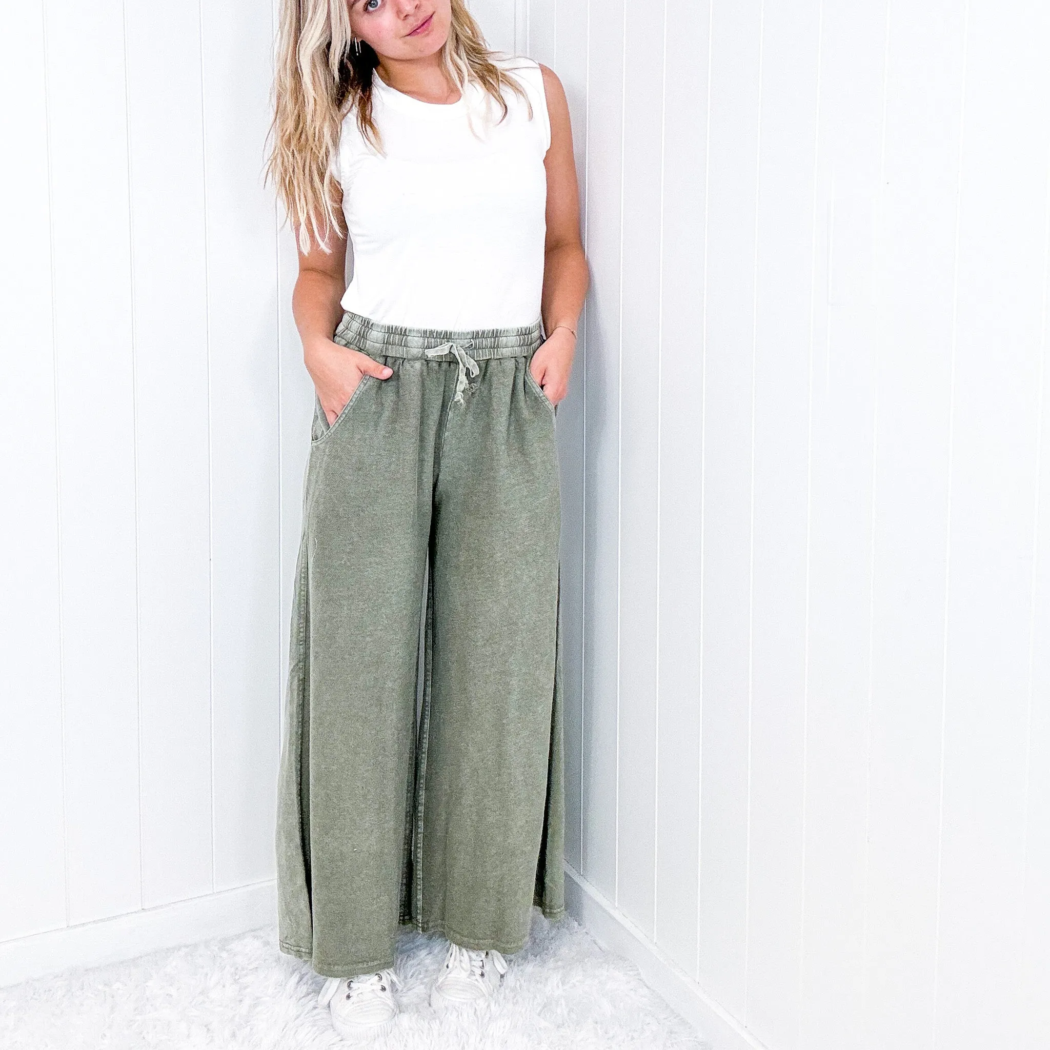 Upside Down Mineral Washed and Terry Pull On Palazzo Pants in 2 Colors