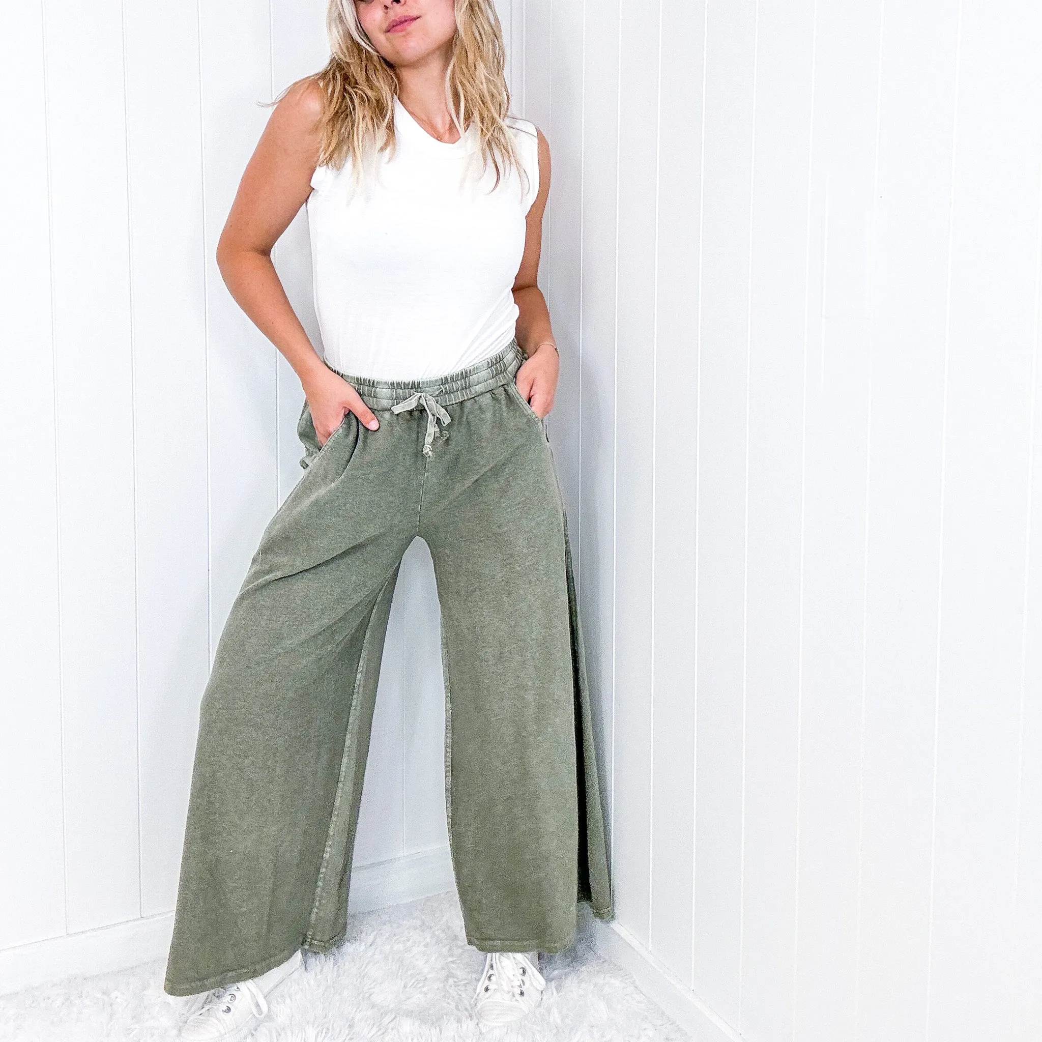 Upside Down Mineral Washed and Terry Pull On Palazzo Pants in 2 Colors