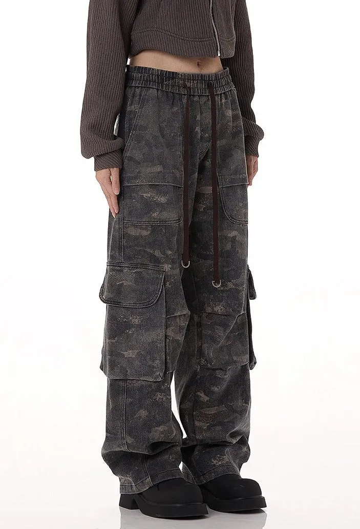 Vintage Camo Print Cargo Pants with Elastic Waist