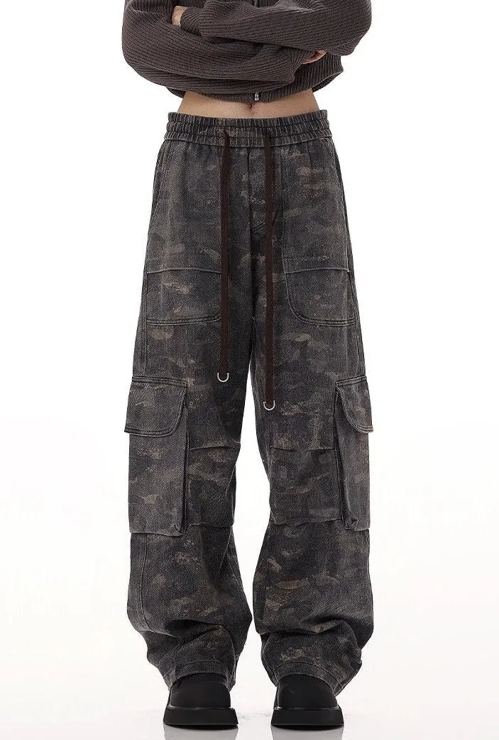 Vintage Camo Print Cargo Pants with Elastic Waist