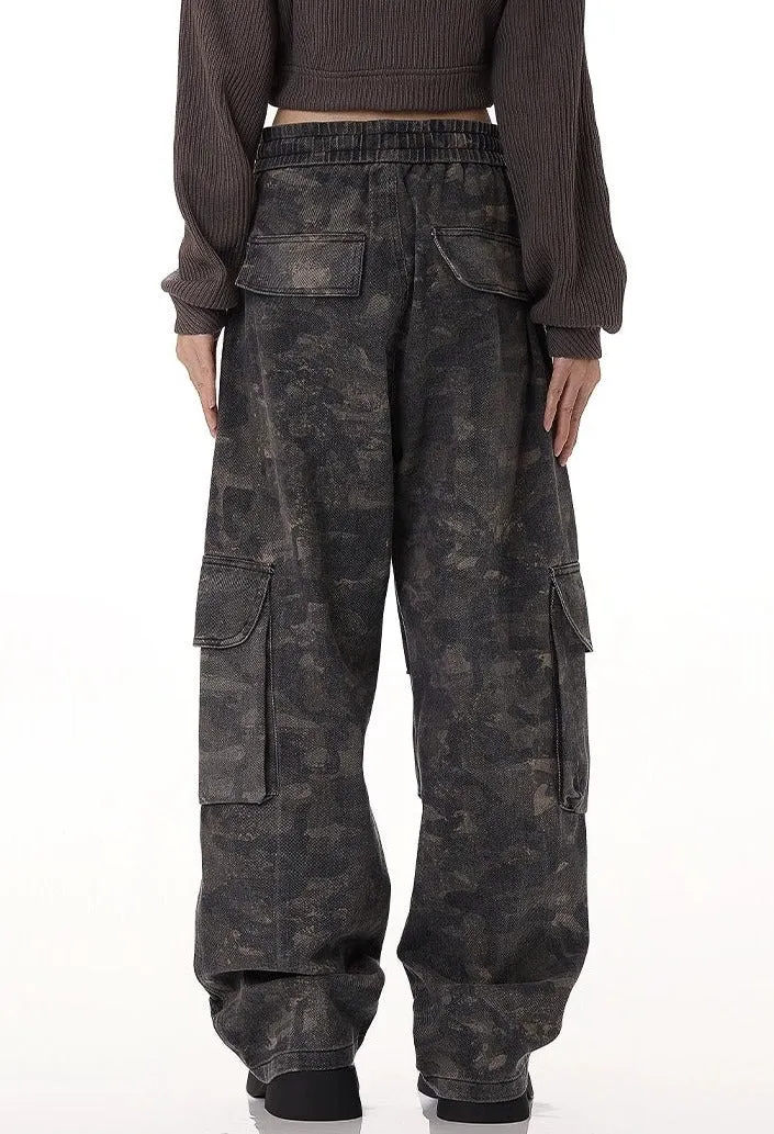 Vintage Camo Print Cargo Pants with Elastic Waist