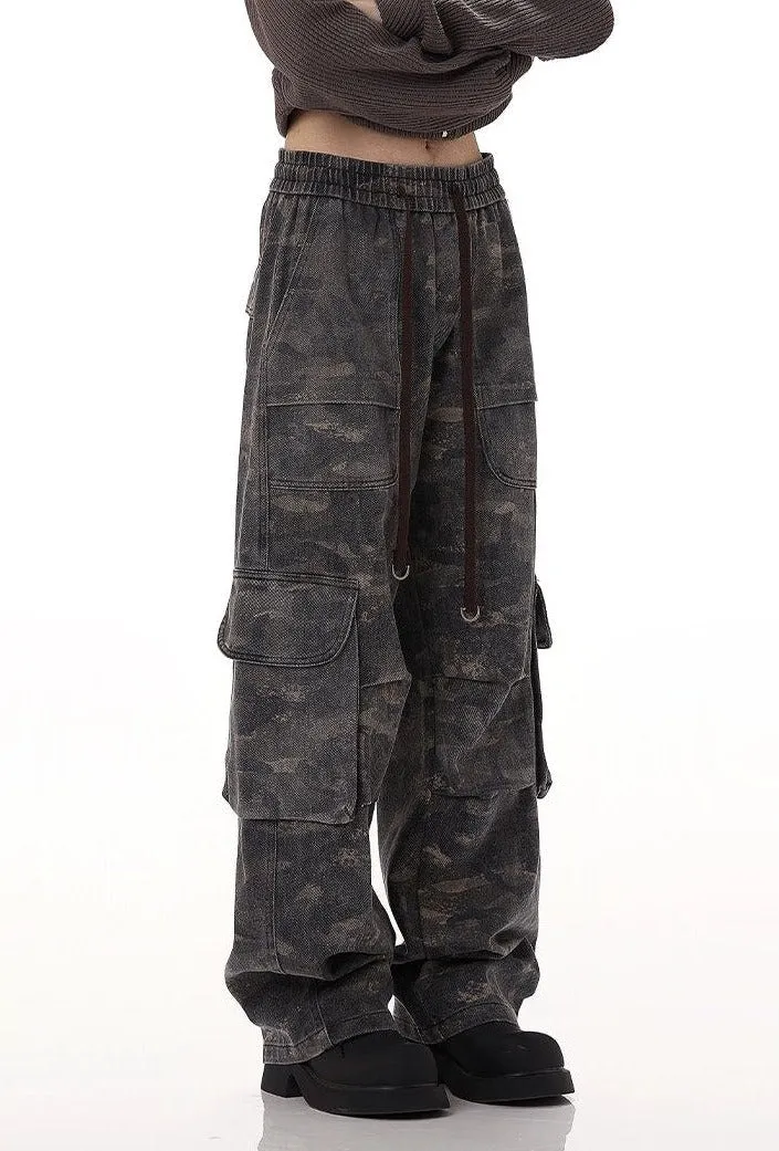 Vintage Camo Print Cargo Pants with Elastic Waist