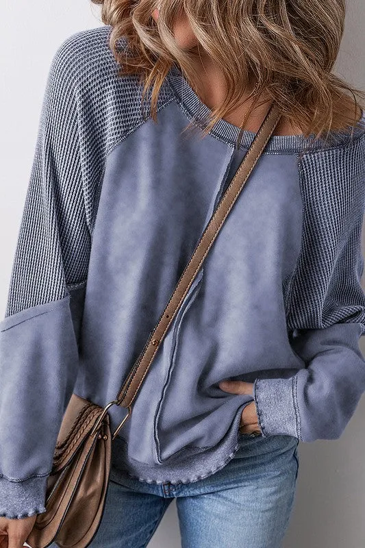 Waffle Patchwork Sleeve Exposed Seam Sweatshirt