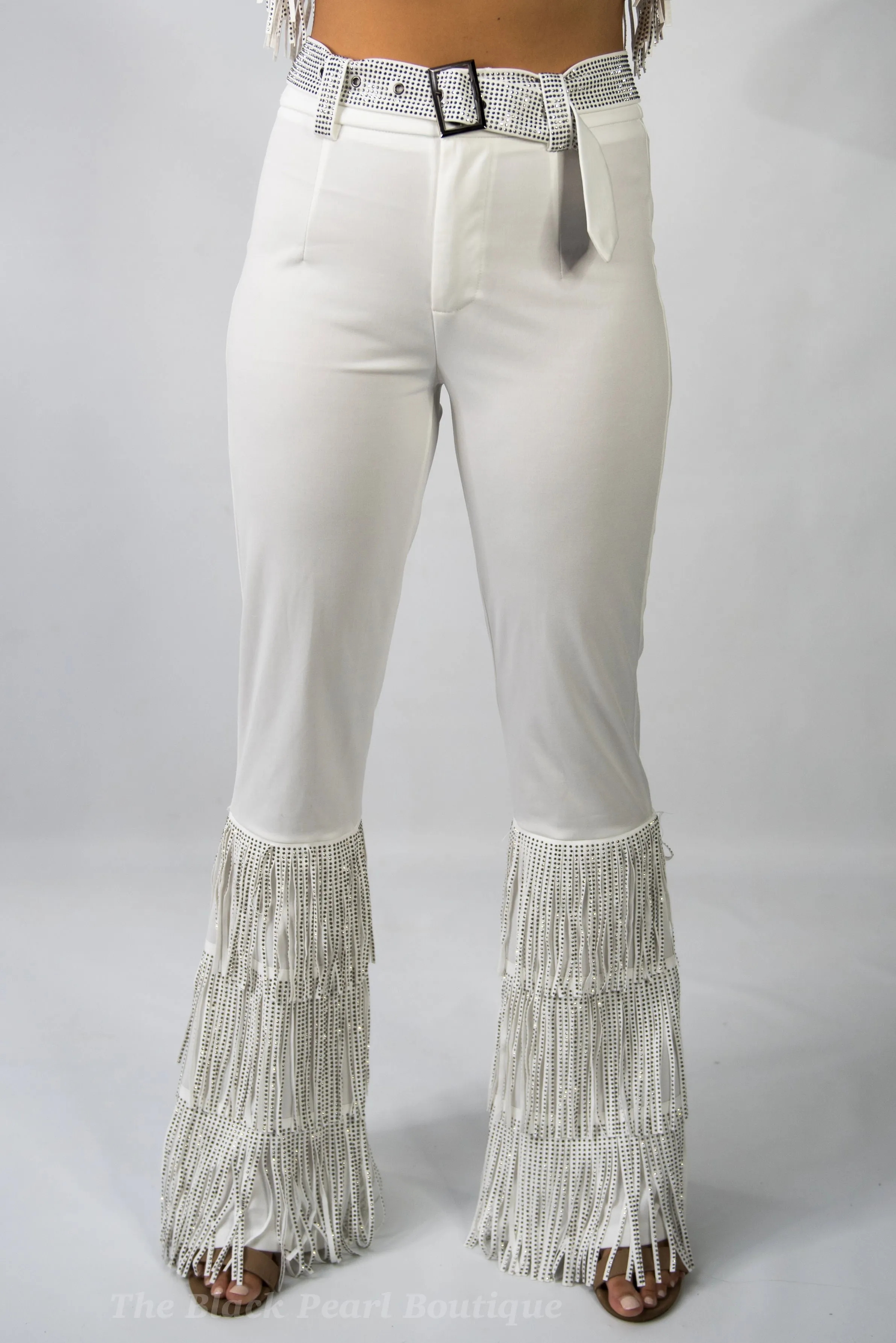 White Fringe High Waist Pants