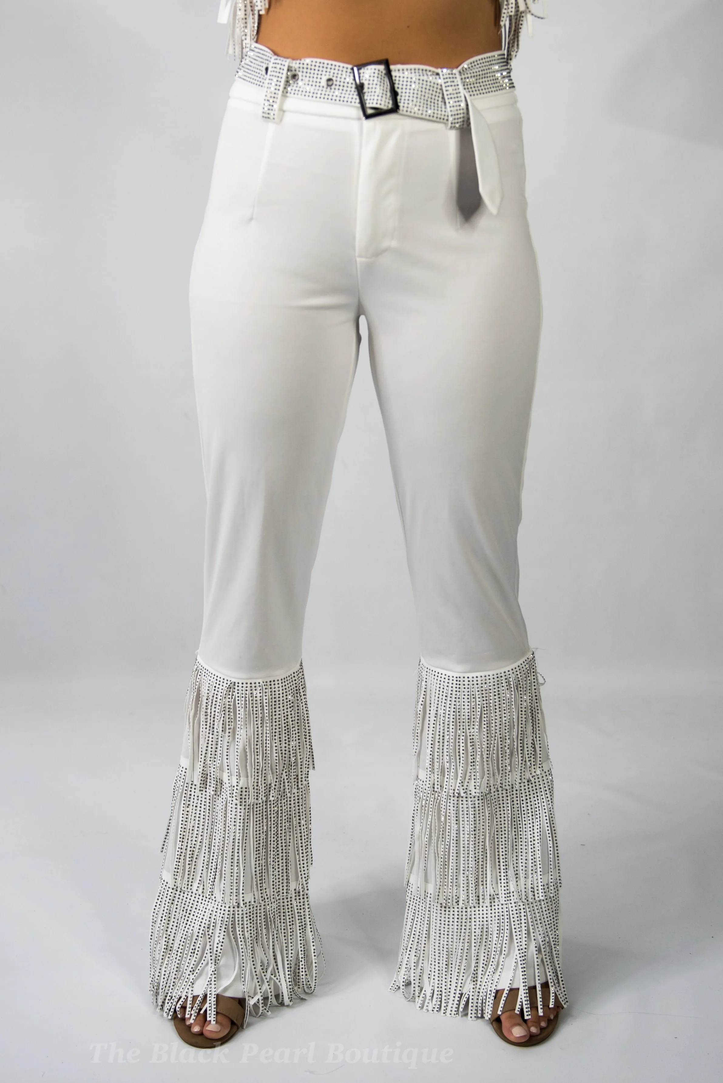 White Fringe High Waist Pants