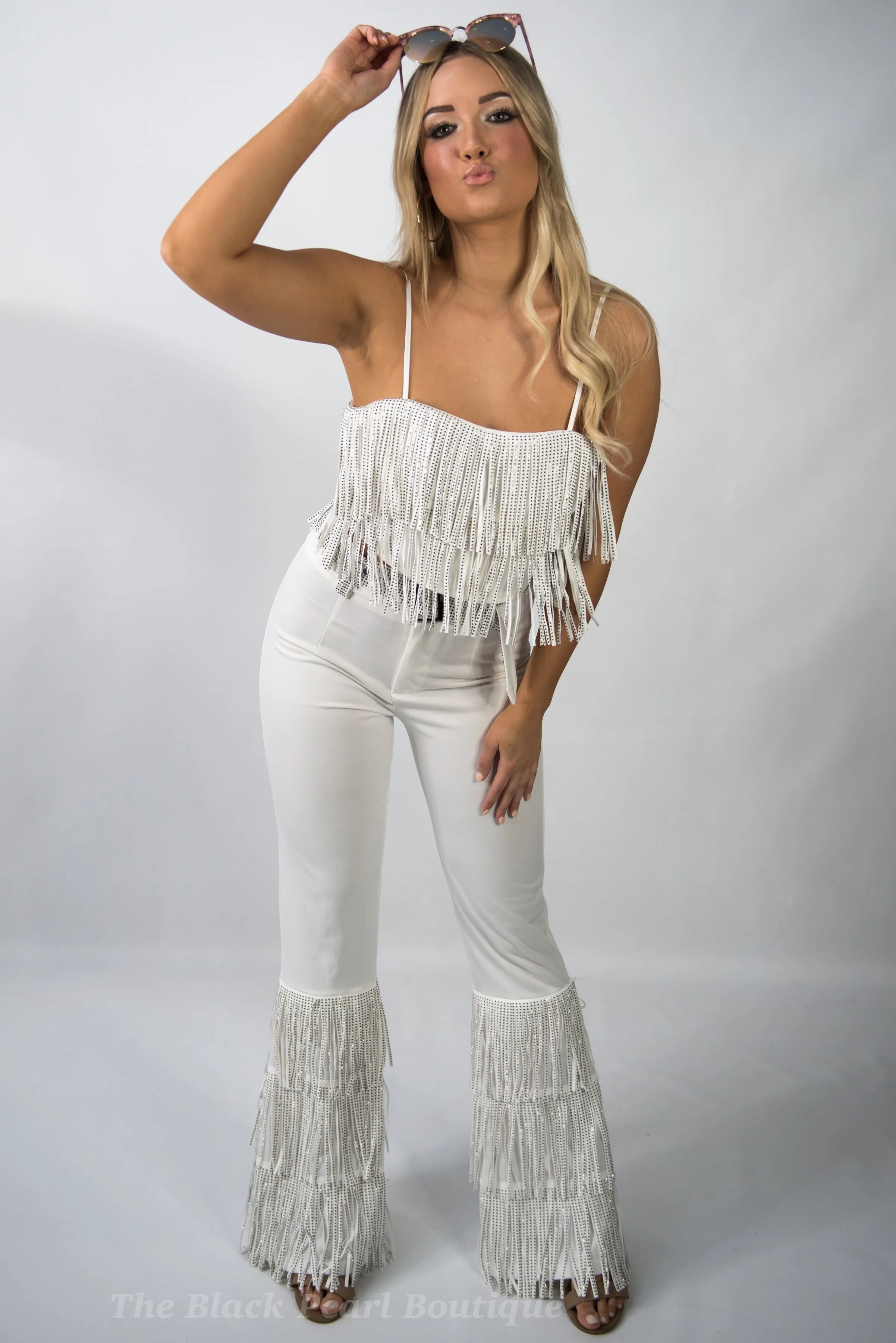 White Fringe High Waist Pants