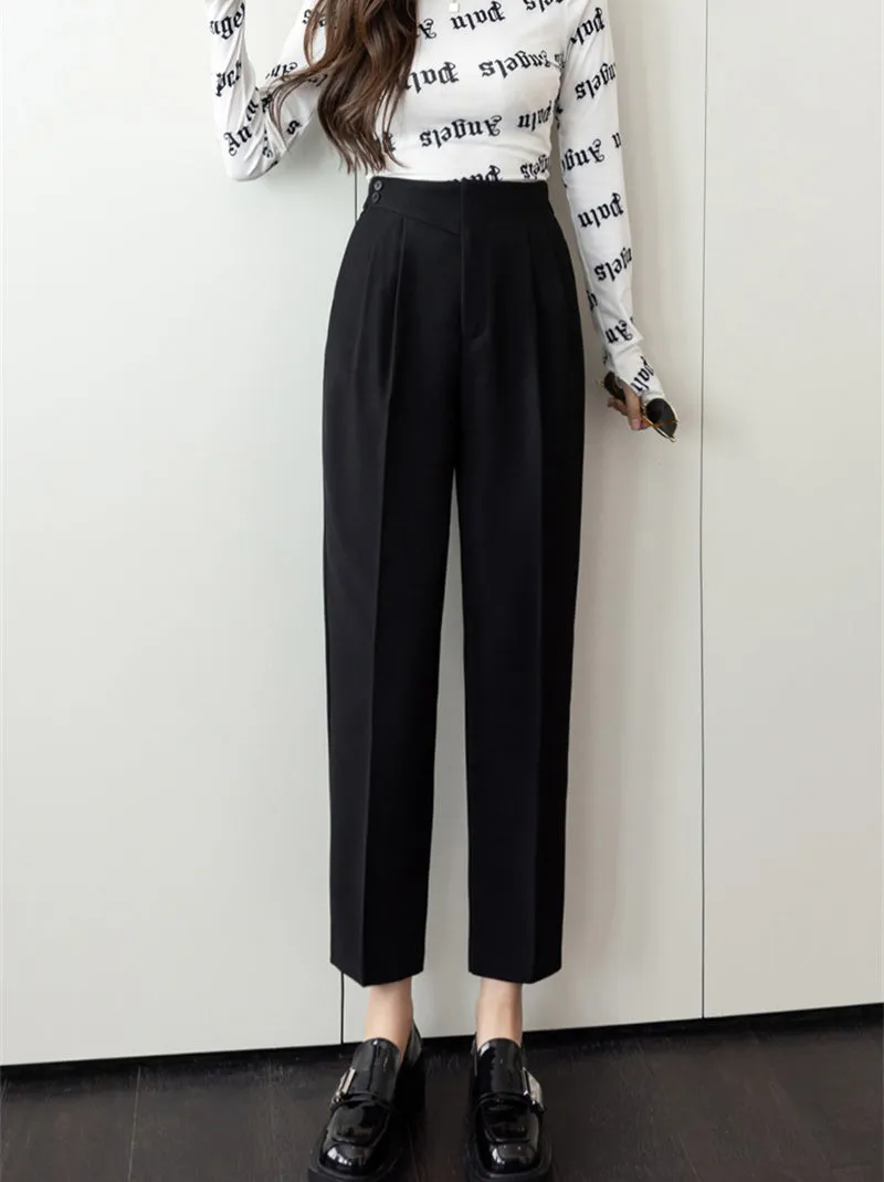 Wjczt Autumn Loose Straight High Waist Cropped Trousers Women Casual Solid Button Work Pants Female Cozy Thin Pencil Pants