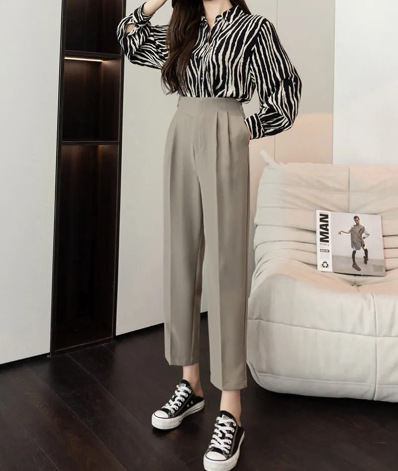 Wjczt Autumn Loose Straight High Waist Cropped Trousers Women Casual Solid Button Work Pants Female Cozy Thin Pencil Pants