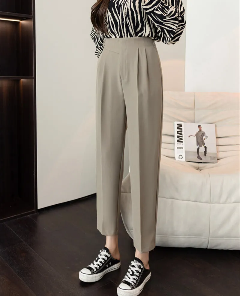 Wjczt Autumn Loose Straight High Waist Cropped Trousers Women Casual Solid Button Work Pants Female Cozy Thin Pencil Pants