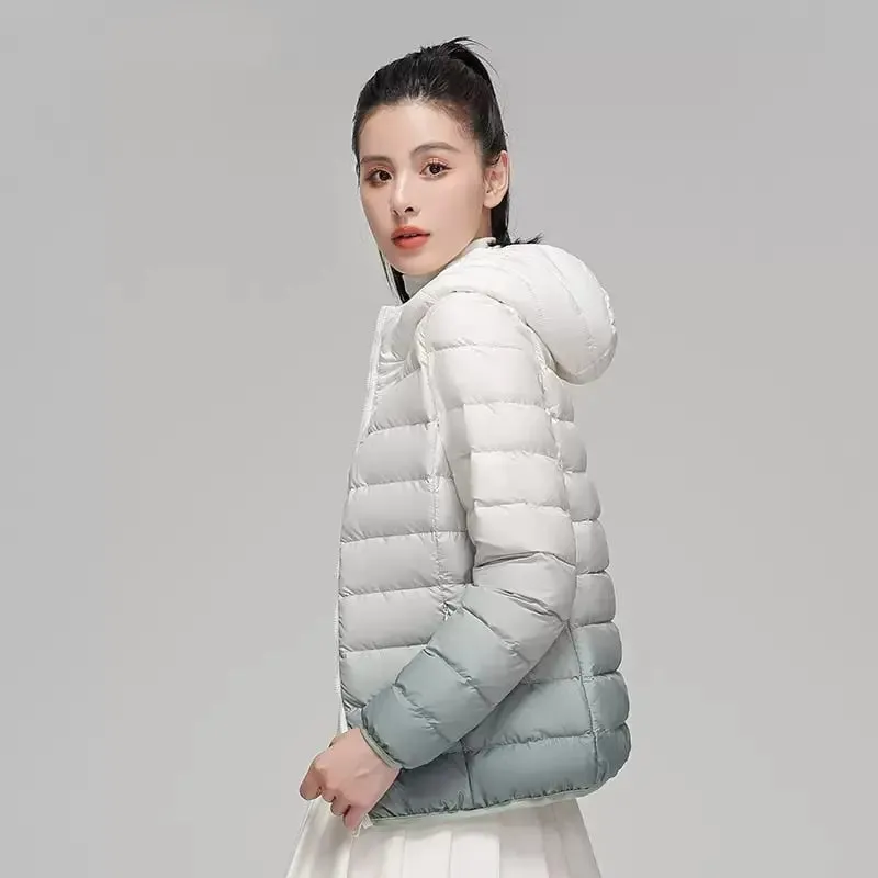 Women Luxury Designer Gradient Down Coats New Fashion Hooded Slim Fit Ultra Lightweight Keep Warm Jackets