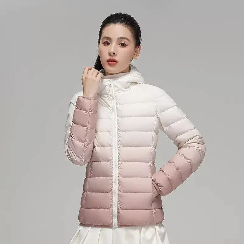 Women Luxury Designer Gradient Down Coats New Fashion Hooded Slim Fit Ultra Lightweight Keep Warm Jackets