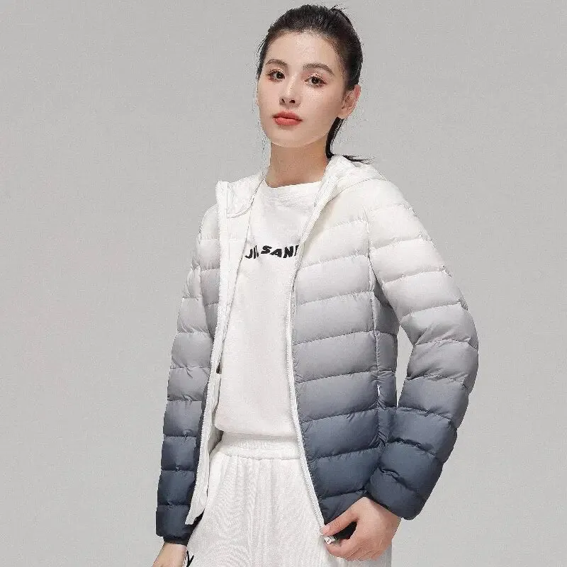 Women Luxury Designer Gradient Down Coats New Fashion Hooded Slim Fit Ultra Lightweight Keep Warm Jackets