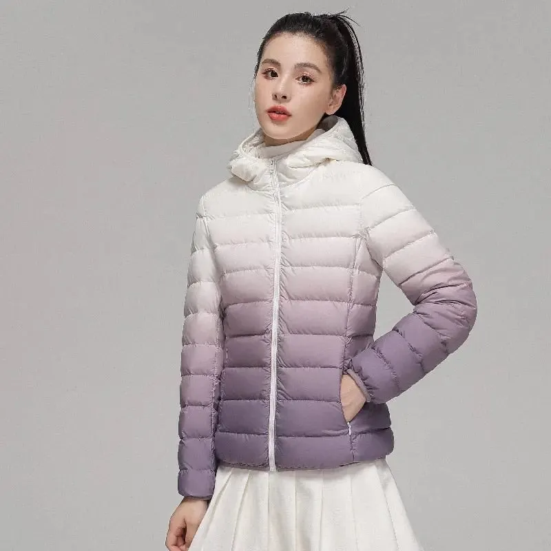 Women Luxury Designer Gradient Down Coats New Fashion Hooded Slim Fit Ultra Lightweight Keep Warm Jackets