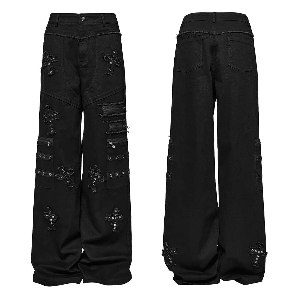 Women's Punk Cross Patch Big-pocket Denim Pants