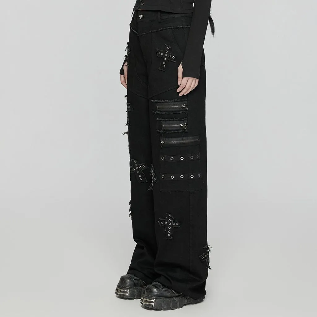 Women's Punk Cross Patch Big-pocket Denim Pants