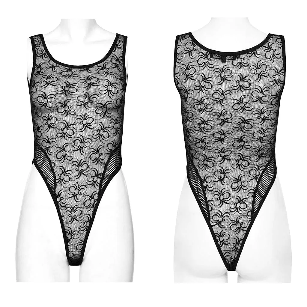 Women's Punk Lace Mesh Sheer Bodysuit