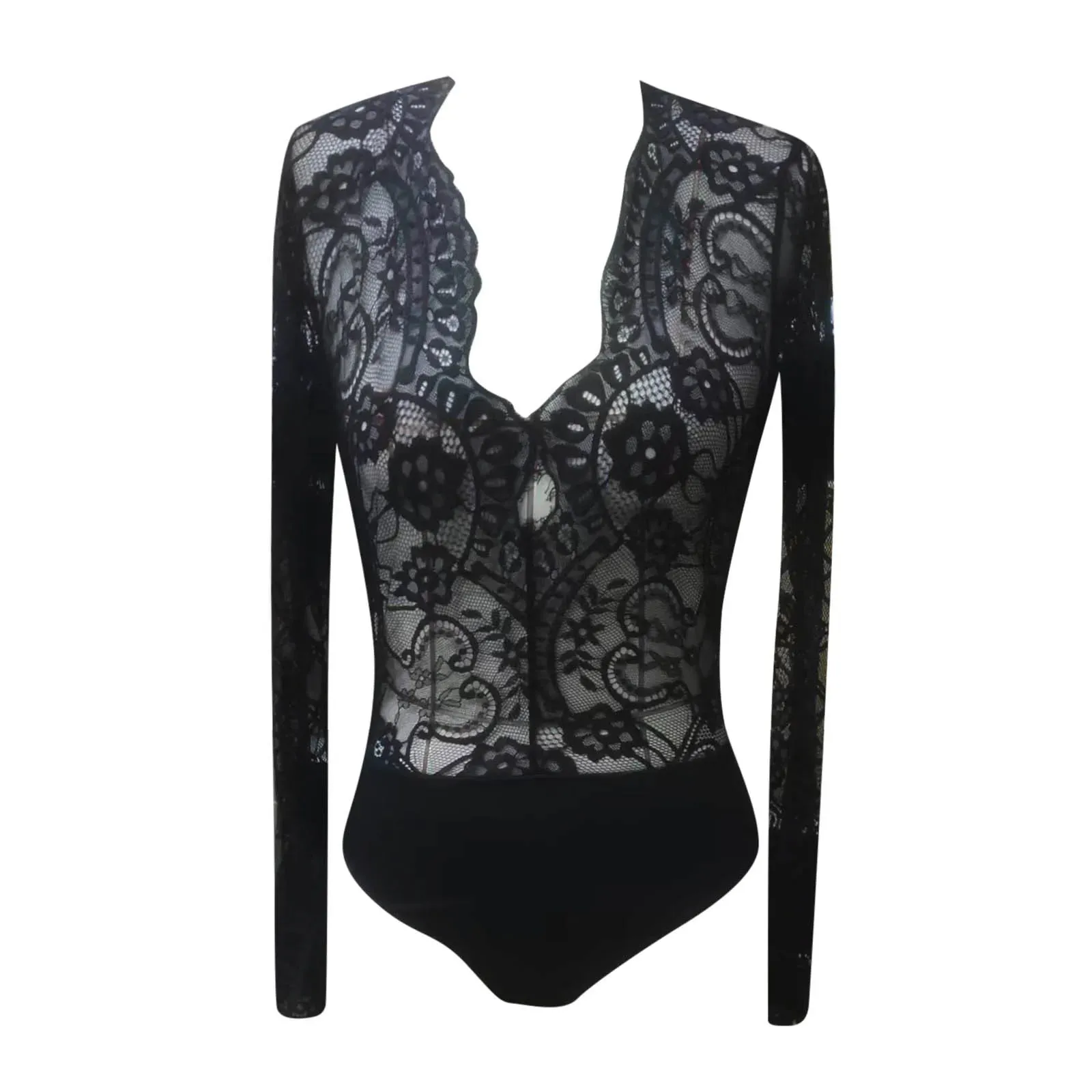 Womens Transparent Long Sleeve Deep V-neck Black Lace Bodysuit