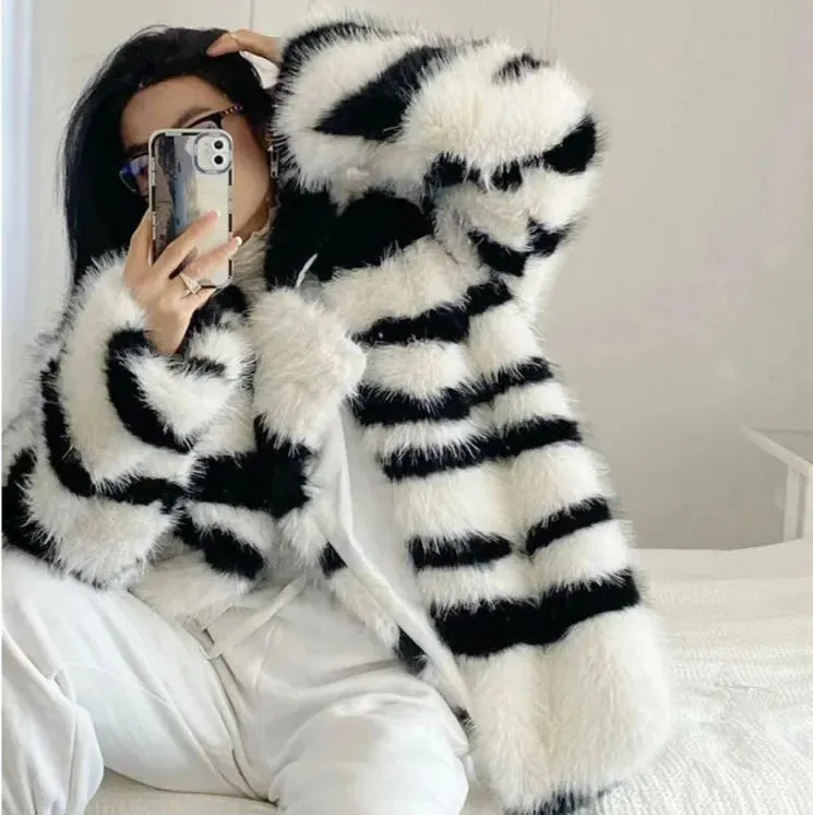 Zuri Zebra Stripe Faux Fur Coat