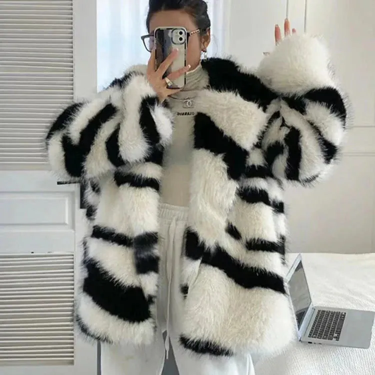 Zuri Zebra Stripe Faux Fur Coat