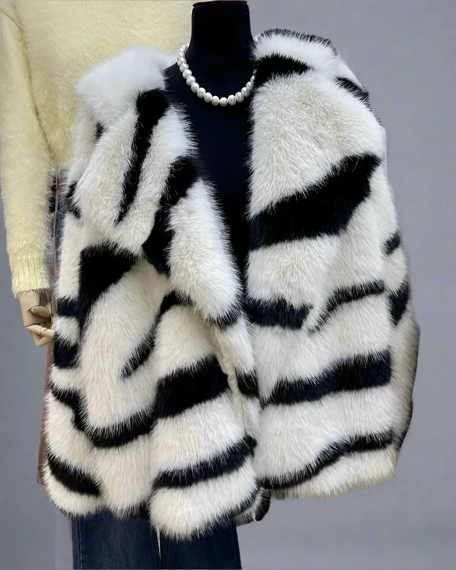 Zuri Zebra Stripe Faux Fur Coat