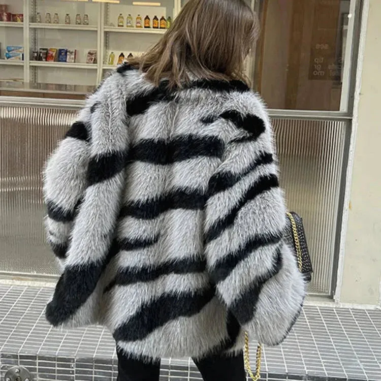 Zuri Zebra Stripe Faux Fur Coat