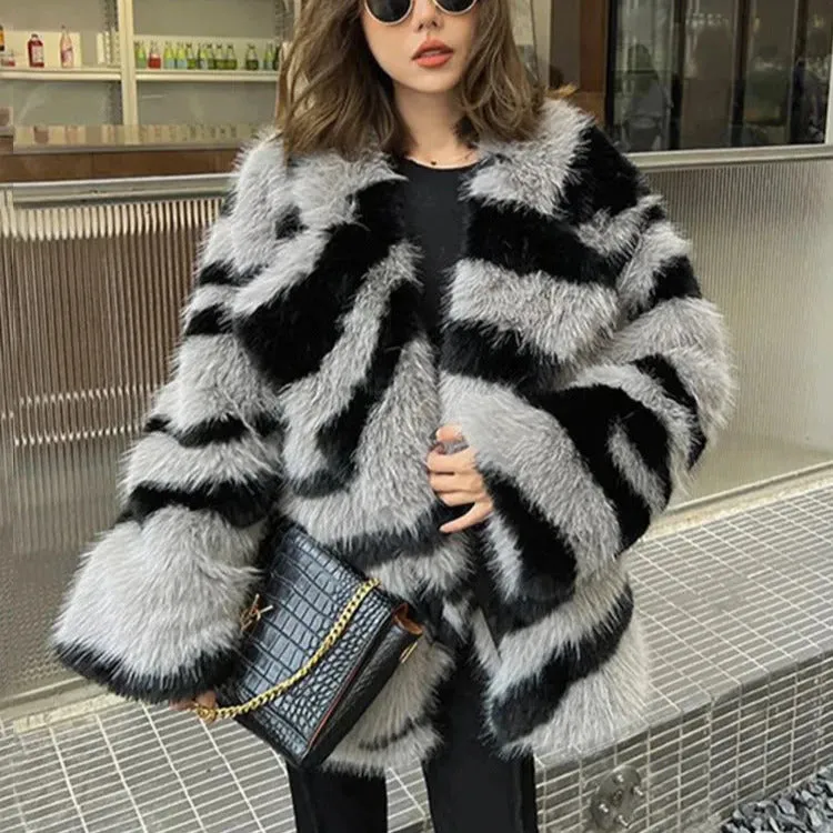 Zuri Zebra Stripe Faux Fur Coat