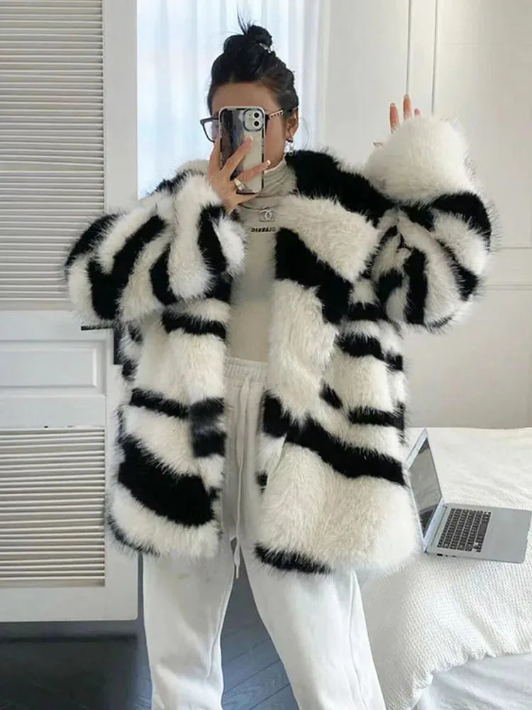 Zuri Zebra Stripe Faux Fur Coat